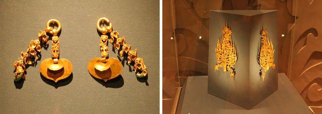 Golden artifacts including earings and crowns retrieved from the excavation of the royal tombs near Gonju-si, Republic of Korea. The objects are on display in a museum.