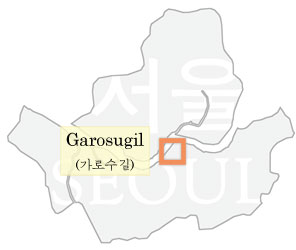 A map of Seoul roughly showing the area of Garosugil in Sinsa.