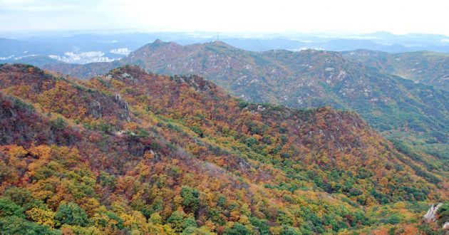 Looking down over rolling hills, covered in forests with fall colors in Korea.