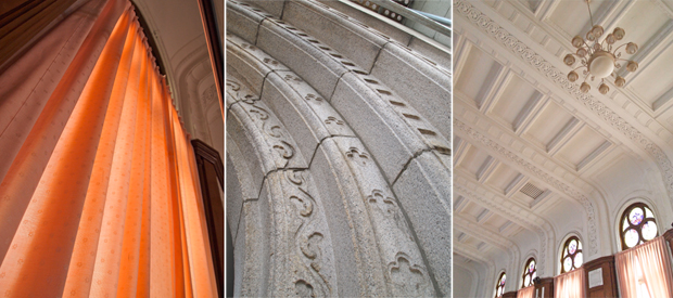 Close up view of interior of Cheondogyo Temple, the left is of an orange curtain, center is stone engraving on an archway, and to the right is the detail of the ceiling and arched windows.