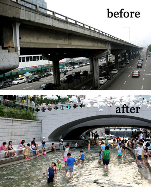 Two images one above the other, the top showing a bridge with traffic running underneath and either side, and black text. The lower showing a stream, full of children playing and a pedestrian bridge behind.