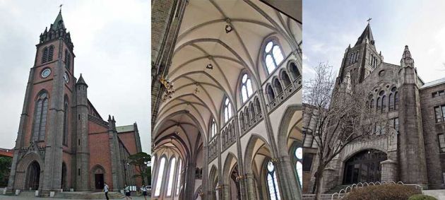 Three images side by side from the left, a tall brick church with a steeple and clock tower, middle is the vaulted ceiling inside the cathedral, and on the right is the outside of a cathedral.