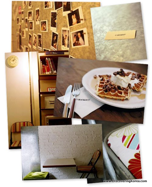 A collage of pictures, the top showing a pin board with photographs, the center shows a waffle with cream and candied walnuts on a wooden table with a knife and fork, and the bottom shows a chair and table next to a white painted brick wall.