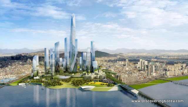 A computer generated image of an architect's impression of Yongsan after regeneration. Skyscrapers in the center of the frame, to the front is a river, with two bridges, and in the background a cityscape, with mountains behind, and blue sky.