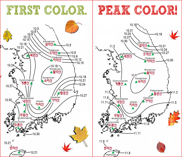 Two side by side maps of Korea showing the areas to see autumnal colors.