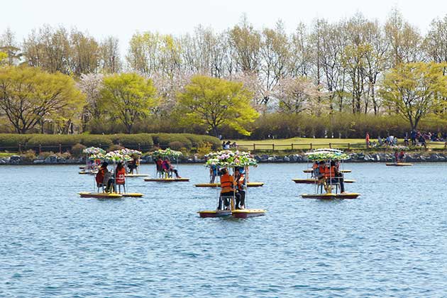 A lake surrounded by trees, lawns and bushes, with little flower boats, each a raft with space for two people to sit, and an umbrella of fresh flowers.