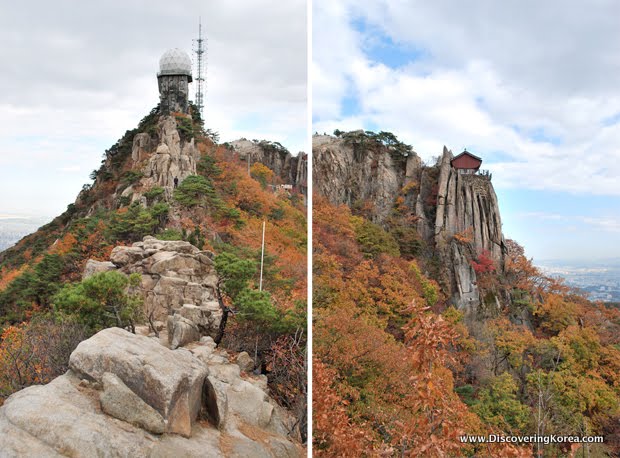 Side by side pictures of the route up Gwanaksan mountain with fall colors.