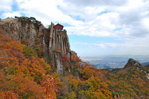 Autumn colored forest on the rocky slopes of Gwanaksan mountain in Korea.