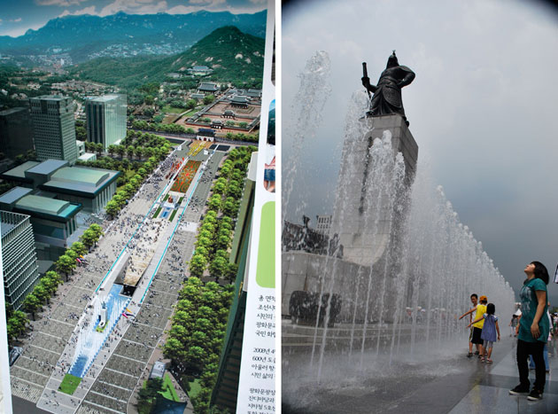 Two images side by side. On the left is an artist's impression of the renovated Gwanghwamun area in Seoul, with green spaces, water features and walkways, against a backdrop of a mountain. On the right is a large statue on a high plinth, with a water fountain and children playing in it.