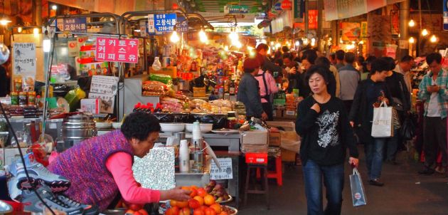 The inside of Gwangjang Traditional Market in Seoul, Korea.