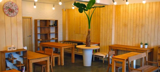 Tables and chairs in a room with slatted walls, a large plant in the center at Hongdae furniture street.