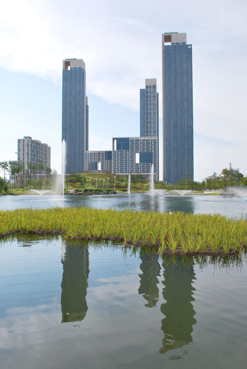 Skyscrapers in Incheon, reflecting on a body of water