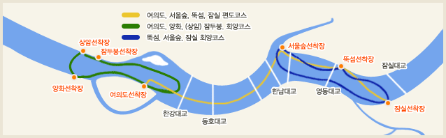 A map showing the usual route for boat cruises on the Hangang river.