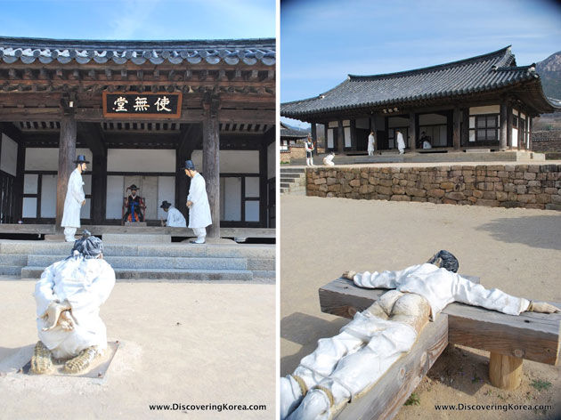Prison at Nagan fortress, one image showing a statue of a man kneeling, and two men in white robes bowing before a judge. In the second image, a man lies on a cross, with his pants down ready for punishment.