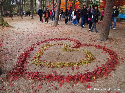 Red fall leaves arranged into a heart shape, with a smaller heart shape of yellow leaves inside, on a sandy background. Pedestrians walking past, amongst tree trunks on Namiseom island.