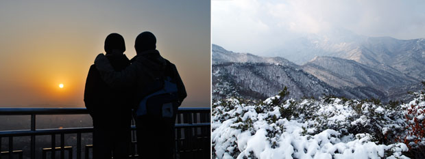 In the left image is two people with their backs to a railing with the sun setting behind them. To the right is a view down a valley with snow in the foreground, on a winter's day.