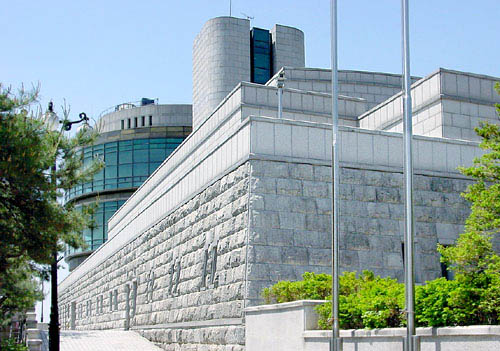 White stone building, the outside of the Odusan Observatory in the DMZ.