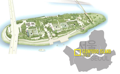 Map showing an aerial view of the proposed changes to make Seonyudo eco-consciousness park. The island is shown with trees and buildings, and bridges spanning the surrounding river.
