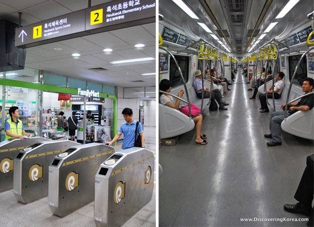 Two images side by side, the left one showing the retractable barriers at the entrance to Seoul's new metro line, with a passenger, in the background is a shop front and at the top of the frame are signs in both Korean and English.