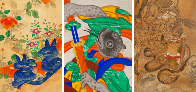 Three side by side paintings from the Year of the Snake exhibition at Folk Museum of Korea. On the left are two blue snakes depicted in a garden with flowers, in the middle, a mottled gray mythical snake-like creature with a sword, and on the right two men in a boat battling a sea serpent.
