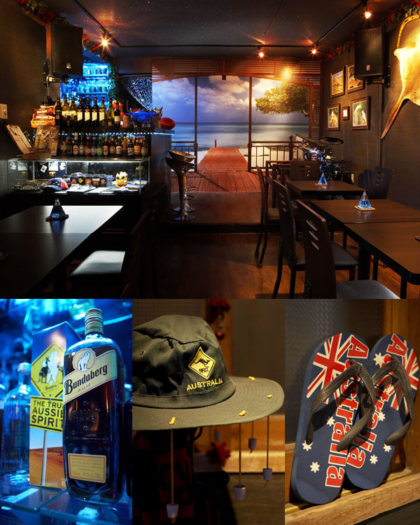 A vertical image, comprising four pictures: the top is an interior of a dimly lit bar, with tables to the right of the frame, and a well stocked bar to the left. At the center is a seating area with view out over water. Below from the left: a bottle of dark spirit, with an Australian sign. An Australian hat in dark green, and to the right, a pair of flip flops bearing the Australian flag.