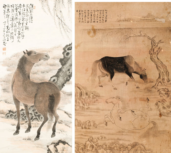 Illustrations from a Korean book, of a horse by a tree trunk and on the right two horses, a dark colored one grazing and a light colored one rolling, with a tree in the background.