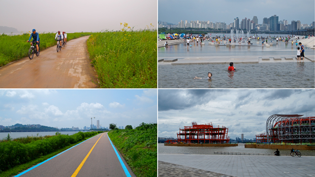 A collage of four photos showing different sites along the Hangang River bike and pedestrian trails.