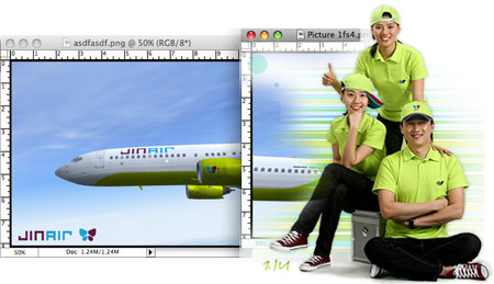 A collage of three pictures taken from a computer screen, to the left is the nose of a Jin air plane with a blue sky background, in the center is the rear part of the plane partly obscured by green and white stripes. On the right are three people dressed in black pants, sneakers, and bright green t shirts.