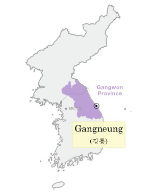 An outline of a map of Korea showing Gangwon province shaded in light purple.